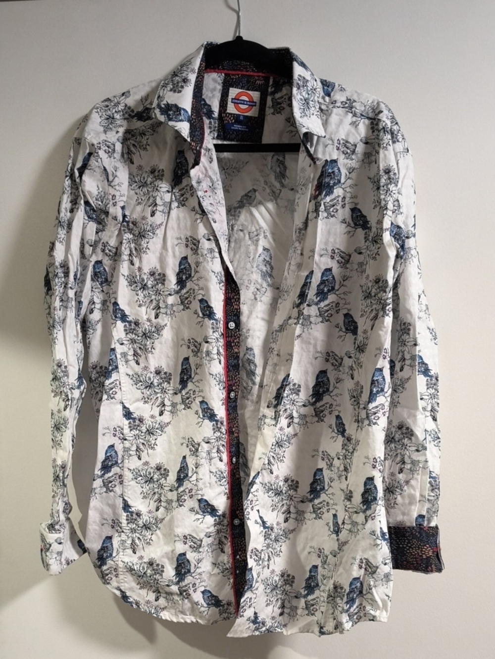 Men's White Button-Down Shirt with Navy Bird Print